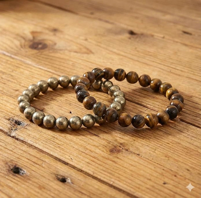 Tiger Eye and Golden Pyrite Bracelet Combo Set | Natural Stone Beaded Bracelets for Self Protection and Money Attraction | Healing Crystal Jewelry for Unisex Adults, 2 Piece Set